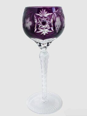 Vintage Anna Hutte Purple Cut to Clear Crystal Wine Hock Goblet Glass 50s 60s